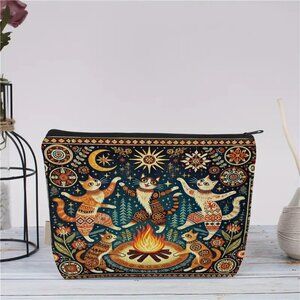Vibrant Starry Night Campfire Makeup Bag Whimsical Playful Cats & Floral Pattern